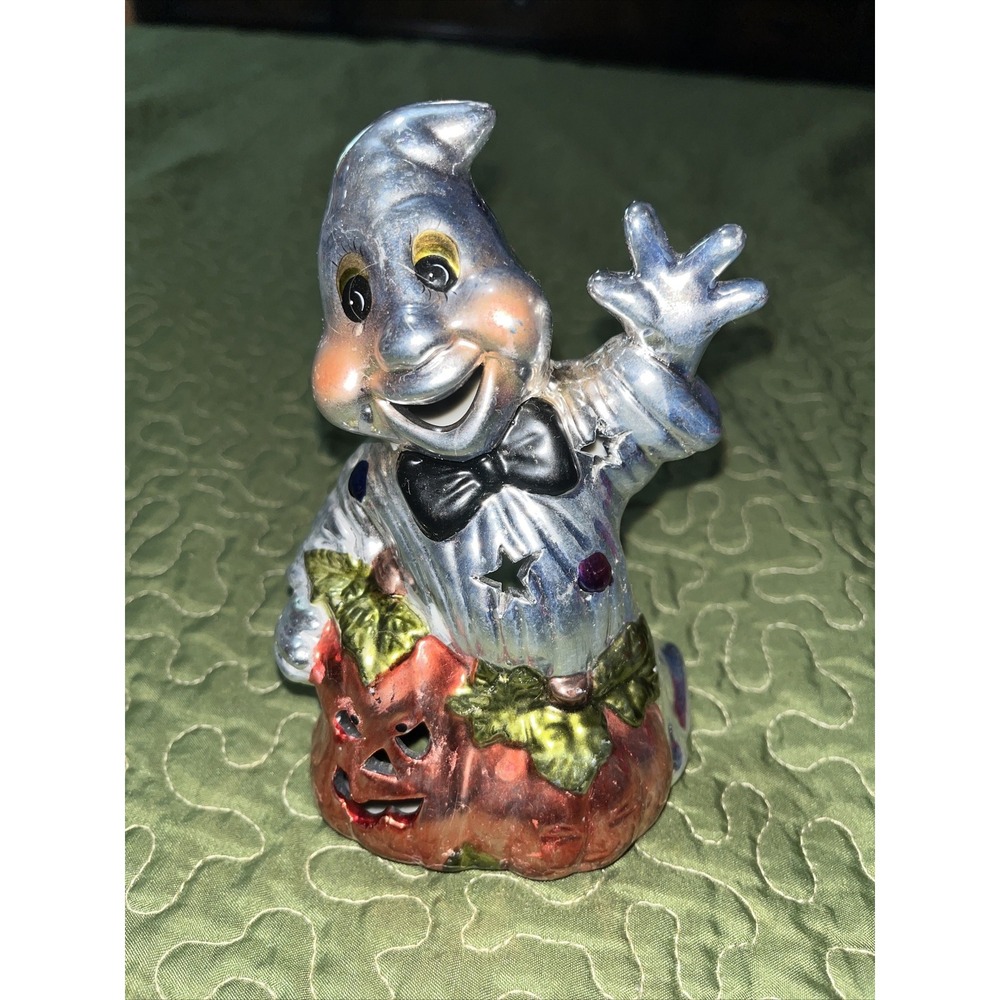 Halloween Silver Painted  Ghost Pumpkin Patch Tea Light Holder Ceramic‎